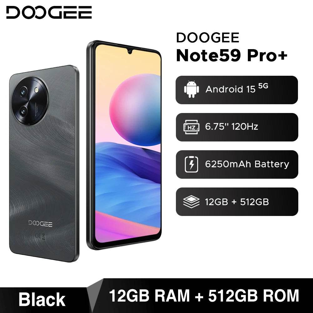 DOOGEE Note59 Pro+ 5G Smartphone Android 15 Global Version 6250mAh Battery 6.75'' 120Hz Display 12GB 512GB Mobile Phone NFC - Price Value Store
