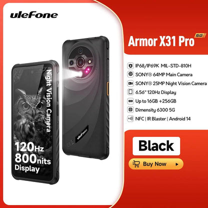 Ulefone Armor X31 Pro 5G Rugged Phone Android 14 Waterproof Smartphone 6.56”16GB RAM 256GB ROM Sony ® Night Camera 64MP NFC - Price Value Store