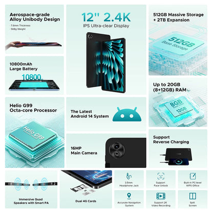 DOOGEE T40 Pro Tablet 12" IPS 2.4K 20GB(8+12) 512GB  Android 14  Helio G99 6nm 10800mAh 18W Charge Quad Speaker 7.6mm ultra-thin