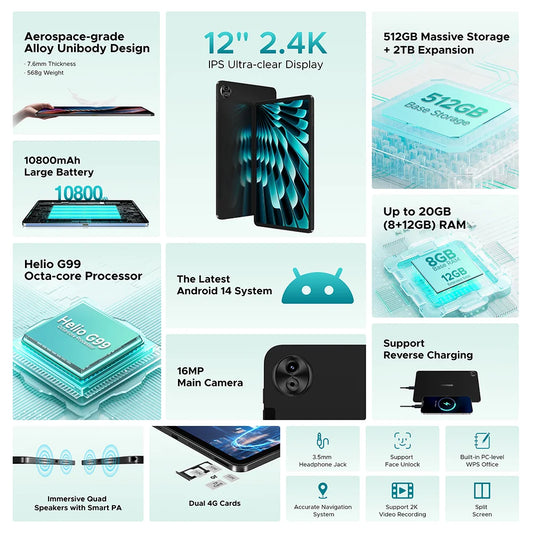 DOOGEE T40 Pro Tablet 12" IPS 2.4K 20GB(8+12) 512GB  Android 14  Helio G99 6nm 10800mAh 18W Charge Quad Speaker 7.6mm ultra-thin