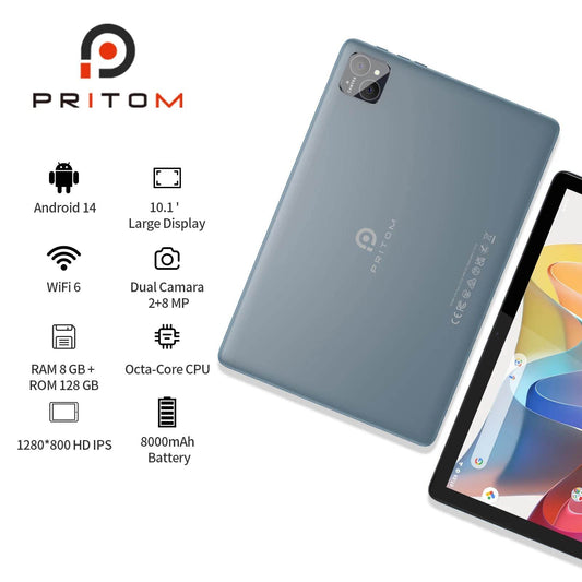 PRITOM TAB11 Android 14 Tablet, 10 Inch, Octa-Core, 5G WiFi6, 128GB, 8000mAh, HD IPS Display, Dual Camera, Bluetooth, FM, TYPE C - Price Value Store