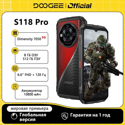 Global Version DOOGEE S118 Pro 5G Rugged Phone Dimensity 7050 10800mAh Battery 6.6'' FHD 120Hz 8GB RAM 512GB ROM Cell Phone NFC - Price Value Store