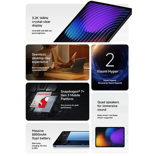 Global Version Xiaomi Pad 7 Snapdragon 7+ Gen 3 Octa-core CPU Tablet 8850mAh 13MP Camera 11.2" 3.2K Display 144Hz 45W Charging