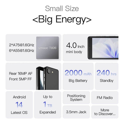 UNIWA Q9 Mini 4G Smartphone Android 14 Unisoc T606 4 Inch qHD 4GB RAM 64GB ROM Mobile Phone 2000mAh Face ID Small Cell Phone - Price Value Store