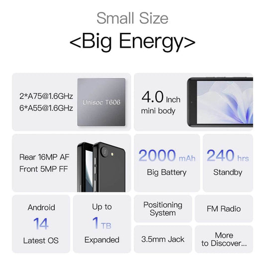 UNIWA Q9 Mini 4G Smartphone Android 14 Unisoc T606 4 Inch qHD 4GB RAM 64GB ROM Mobile Phone 2000mAh Face ID Small Cell Phone - Price Value Store