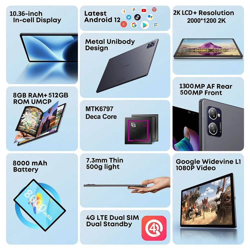 New 10.36 Inch Tablets 10 Core 8GB RAM 512GB ROM Android Tablet 2000x1200 HD Display 5G Dual WiFi Dual SIM Google Play 8000mAh - Price Value Store