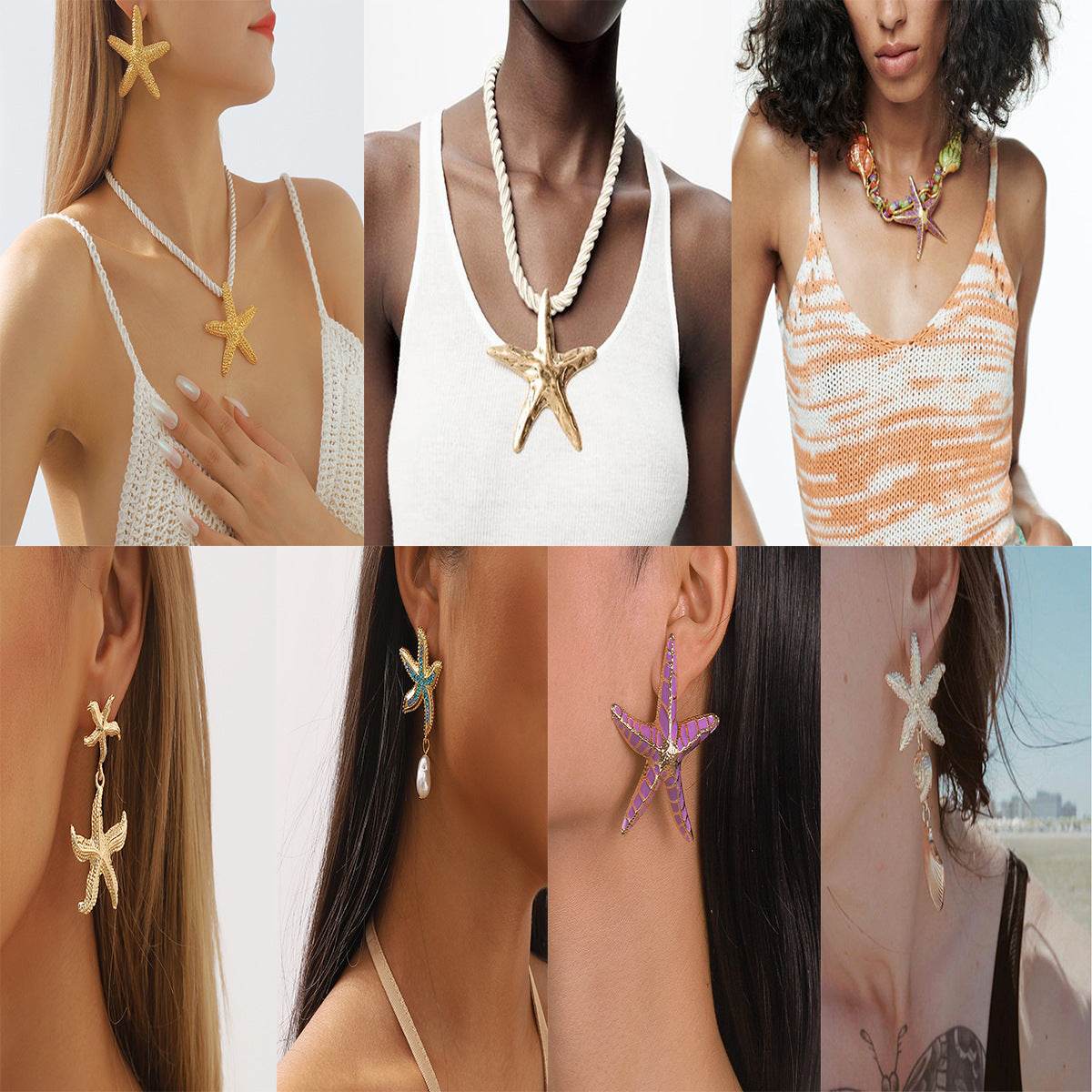Personalized conch and starfish pendant necklace earrings - Price Value Store