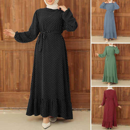 Retro Polka Dot Long Sleeve Ruffled Hem Dress - Price Value Store