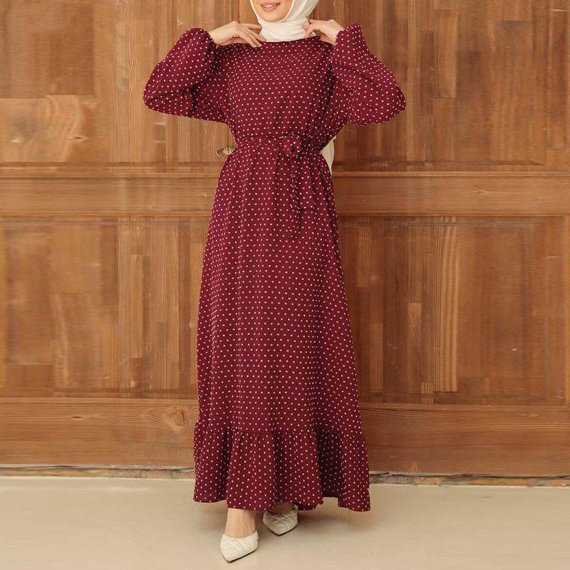 Retro Polka Dot Long Sleeve Ruffled Hem Dress - Price Value Store