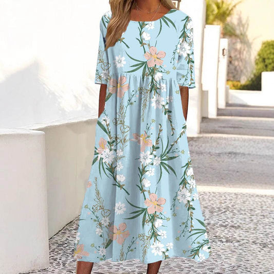 Women's Casual Short Sleeve Printed A-Line Dress with Pocket - Price Value Store