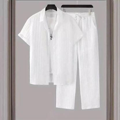 Men's Striped Short Sleeve Shirt and Pants Casual Suit - Price Value Store