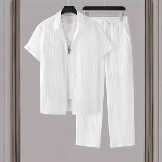 Men's Striped Short Sleeve Shirt and Pants Casual Suit - Price Value Store