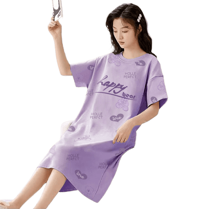 Women's Summer Milk Silk Nightgown, Cartoon Short Sleeve Sleep Dress, Plus Size Pajamas - Price Value Store