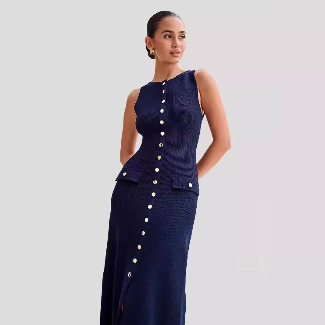 2025 Summer New Sleeveless Round Neck Slim Knitted Dress - Price Value Store