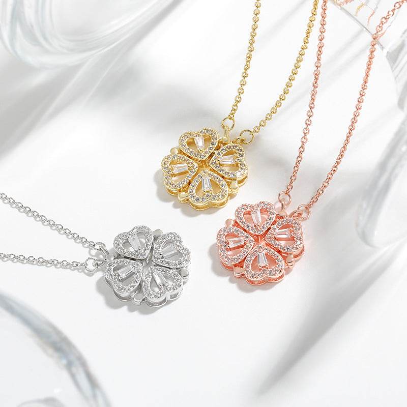 Two-Wearing Love Flower Pendant Heart-to-Heart Niche Design Sense One-Style Multi-Wearing Heart-Shaped Four-leaf Clover Necklace - Price Value Store