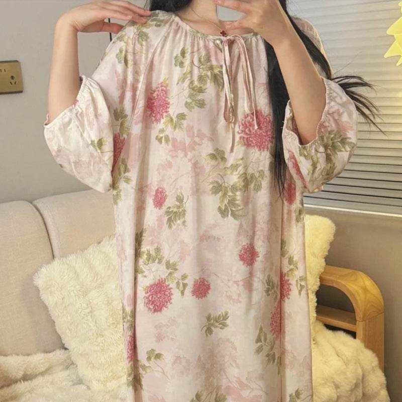 Women's Summer Cotton Silk Nightgown Dress with Belt, Korean Style - Price Value Store