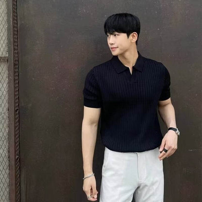Fashion Casual Lapel Pure Color Polo Shirt Casual Knitted Short-Sleeved Men's Summer New Breathable Trendy Men's T-Shirt - Price Value Store