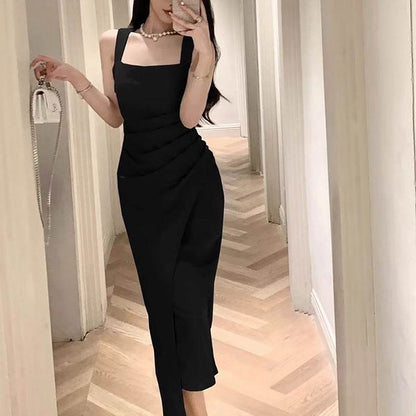 Elegant Satin Bodycon Dress - Summer Square Neck Sleeveless Midi Dress - Price Value Store