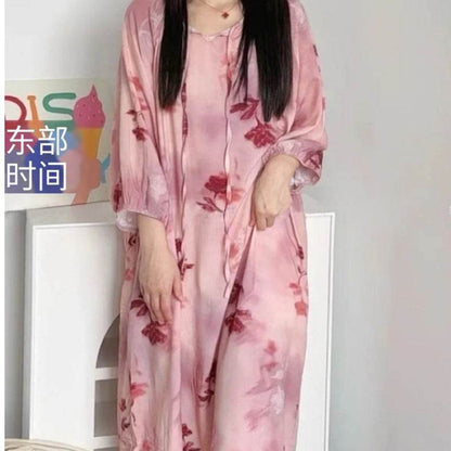 Women's Summer Cotton Silk Nightgown Dress with Belt, Korean Style - Price Value Store
