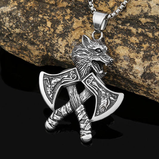 Stainless steel Viking double axe wolf head pendant - Price Value Store