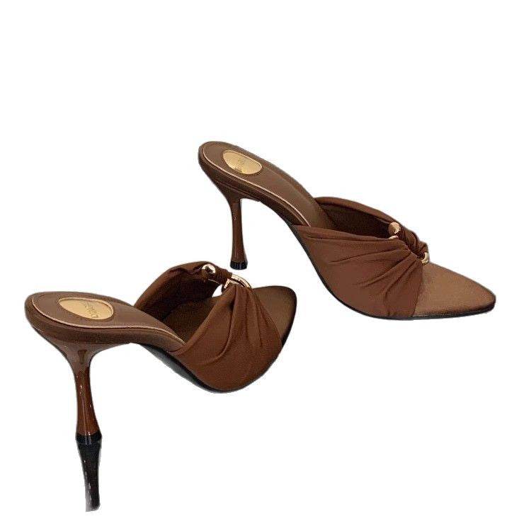 2025 Summer Fashion Open Toe Women's Shoes Royal Sister Fan Pointed Satin Sandals European and American Temperament Metal Buckle High Heels - Price Value Store