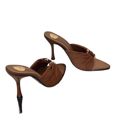 2025 Summer Fashion Open Toe Women's Shoes Royal Sister Fan Pointed Satin Sandals European and American Temperament Metal Buckle High Heels - Price Value Store