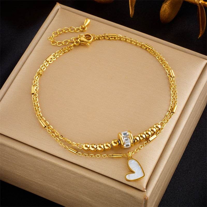 Fashion niche design simple high-end retro double-layer stacked Pearl Love Diamond five-pointed star pendant anklet - Price Value Store