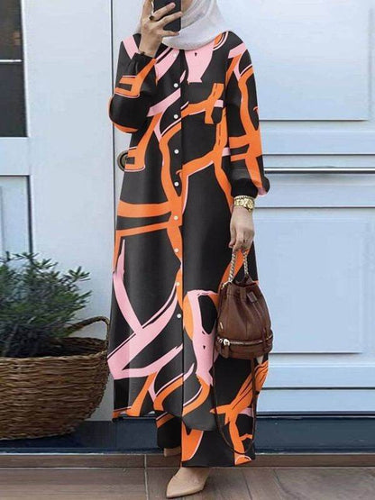 Printed collar shirt and long pants set - Price Value Store