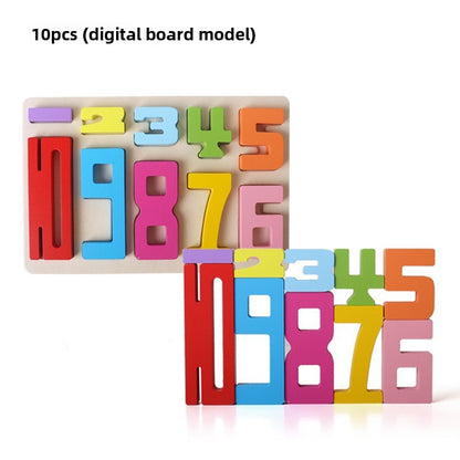 A wooden digital building block stacking toy