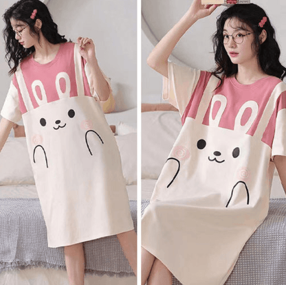 Women's Summer Milk Silk Nightgown, Cartoon Short Sleeve Sleep Dress, Plus Size Pajamas - Price Value Store