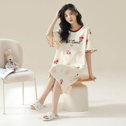 Women's Cotton Antibacterial Summer Nightgown, Cute Cartoon Sleepwear, Sizes M-4XL - Price Value Store
