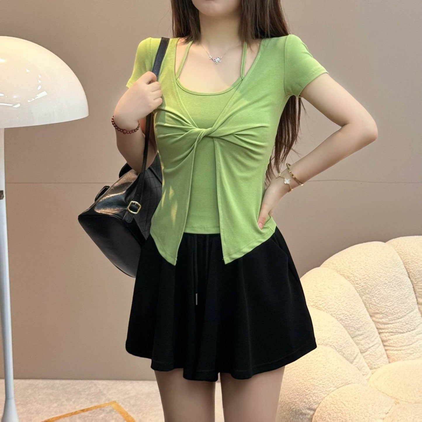 Summer Long-Sleeved T-Shirt with Neck Knot for Women (Two Pieces) - Price Value Store