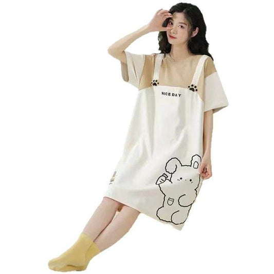 Women's Summer Milk Silk Nightgown, Cartoon Short Sleeve Sleep Dress, Plus Size Pajamas - Price Value Store