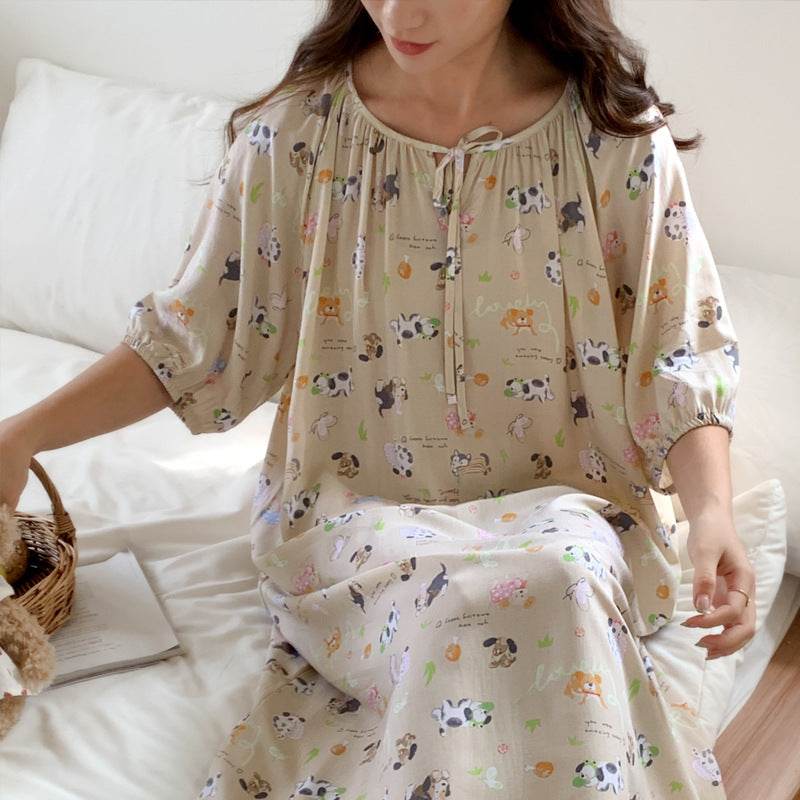 Women's Summer Cotton Silk Nightgown Dress with Belt, Korean Style - Price Value Store