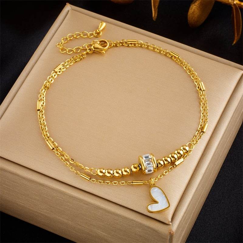 Fashion niche design simple high-end retro double-layer stacked Pearl Love Diamond five-pointed star pendant anklet - Price Value Store