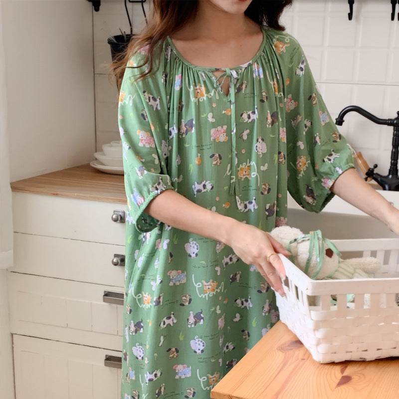 Women's Summer Cotton Silk Nightgown Dress with Belt, Korean Style - Price Value Store