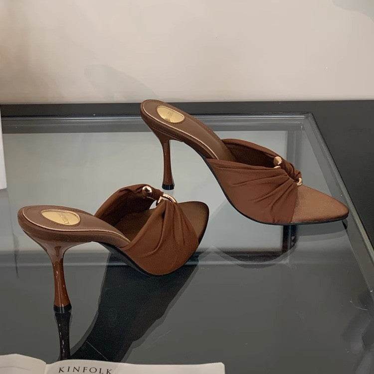 2025 Summer Fashion Open Toe Women's Shoes Royal Sister Fan Pointed Satin Sandals European and American Temperament Metal Buckle High Heels - Price Value Store