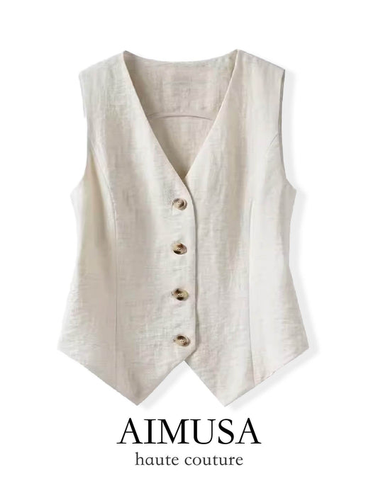 [Natural Fiber] Linen vest Vest Women's Summer 2025 Spring and Summer New arrival Elegant Sleeveless Waistcoat Vest - Price Value Store