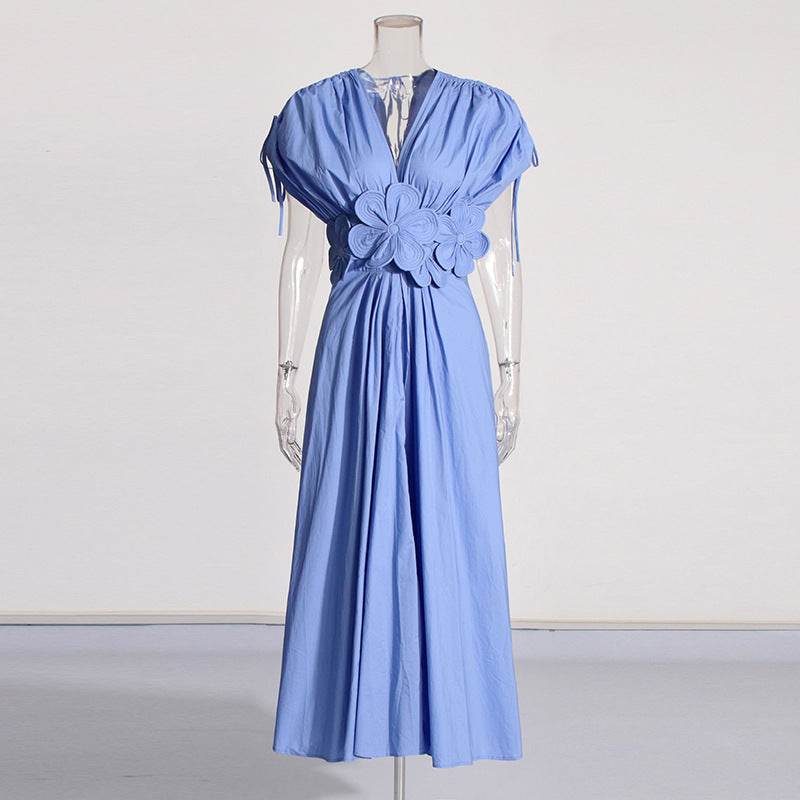 French Style Elegant Waisted Dress V-neck Stitching Flower Backless Slim-fit dress Women's Summer - Price Value Store