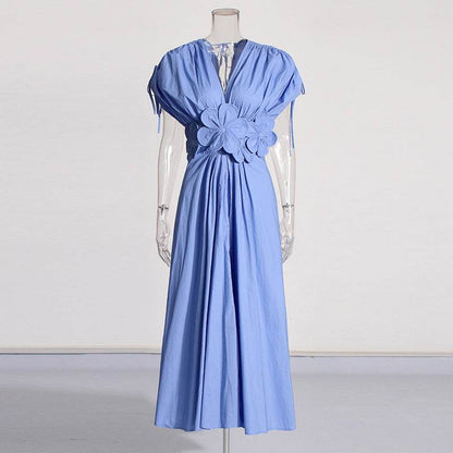 French Style Elegant Waisted Dress V-neck Stitching Flower Backless Slim-fit dress Women's Summer - Price Value Store