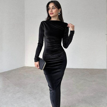 Solid-color fitted pleated round-neck long-sleeved dress - Price Value Store