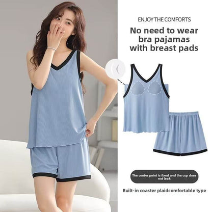 Summer Cool Ice Silk Pajamas Set with Built-in Padding - Price Value Store