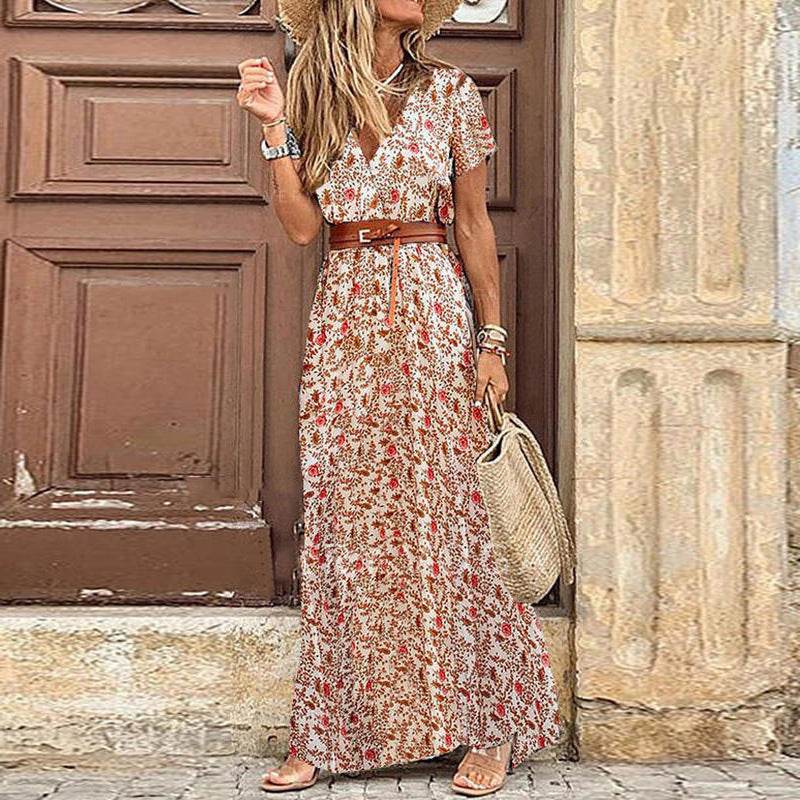 Bohemian Floral Print V-Neck Long Dress - Price Value Store