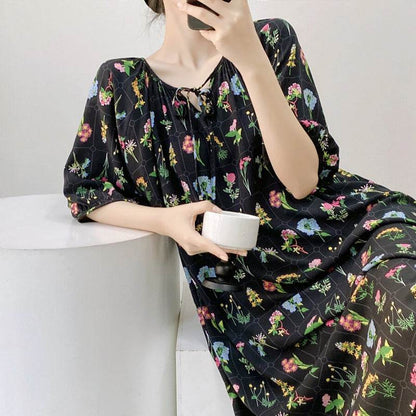 Women's Summer Cotton Silk Nightgown Dress with Belt, Korean Style - Price Value Store