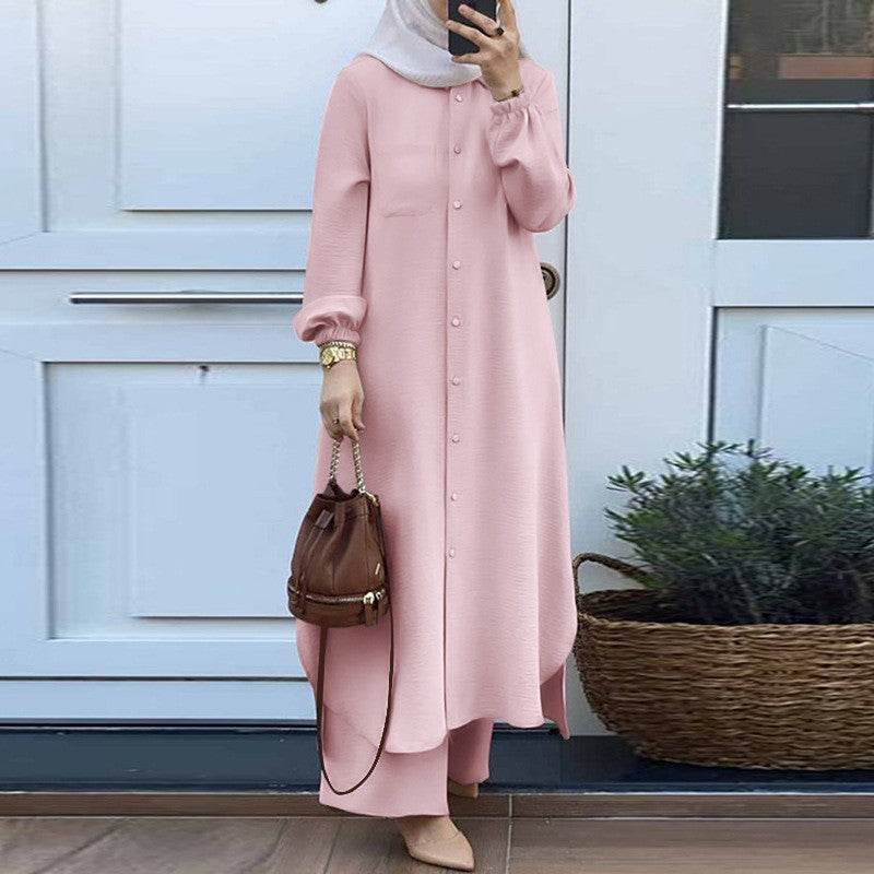 Printed collar shirt and long pants set - Price Value Store
