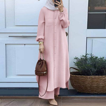 Printed collar shirt and long pants set - Price Value Store