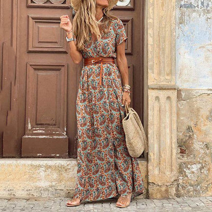 Bohemian Floral Print V-Neck Long Dress - Price Value Store