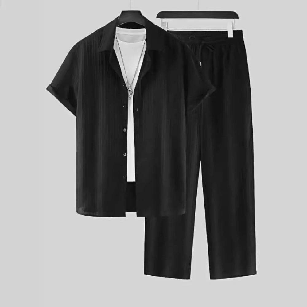 Men's Striped Short Sleeve Shirt and Pants Casual Suit - Price Value Store