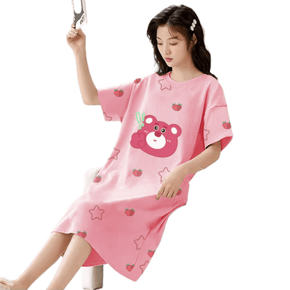 Women's Summer Milk Silk Nightgown, Cartoon Short Sleeve Sleep Dress, Plus Size Pajamas - Price Value Store