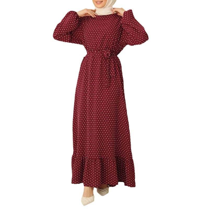 Retro Polka Dot Long Sleeve Ruffled Hem Dress - Price Value Store